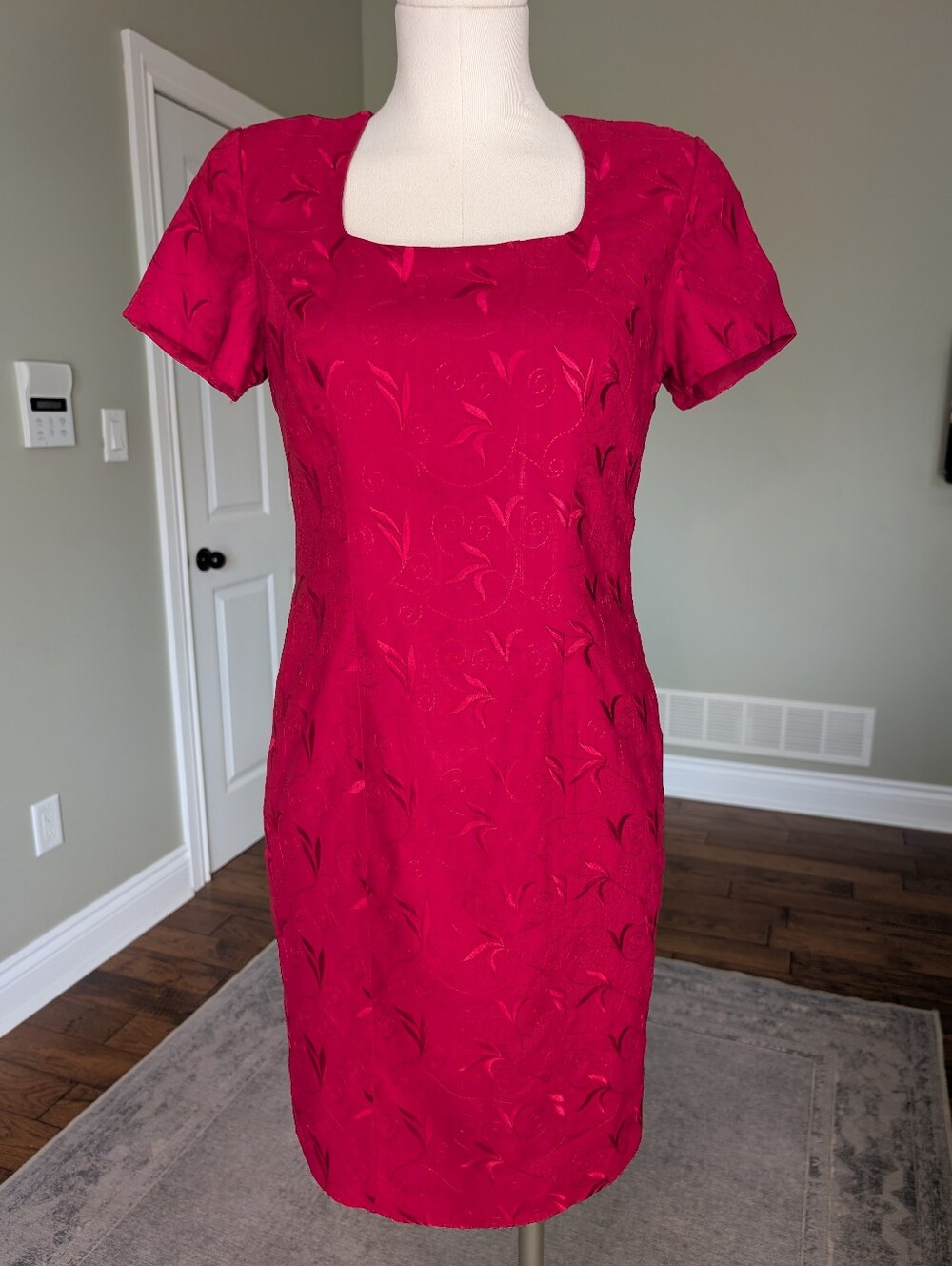 Vintage Liz Claiborne Linen Dress Red Midi Floral Summer Size 4 Petite